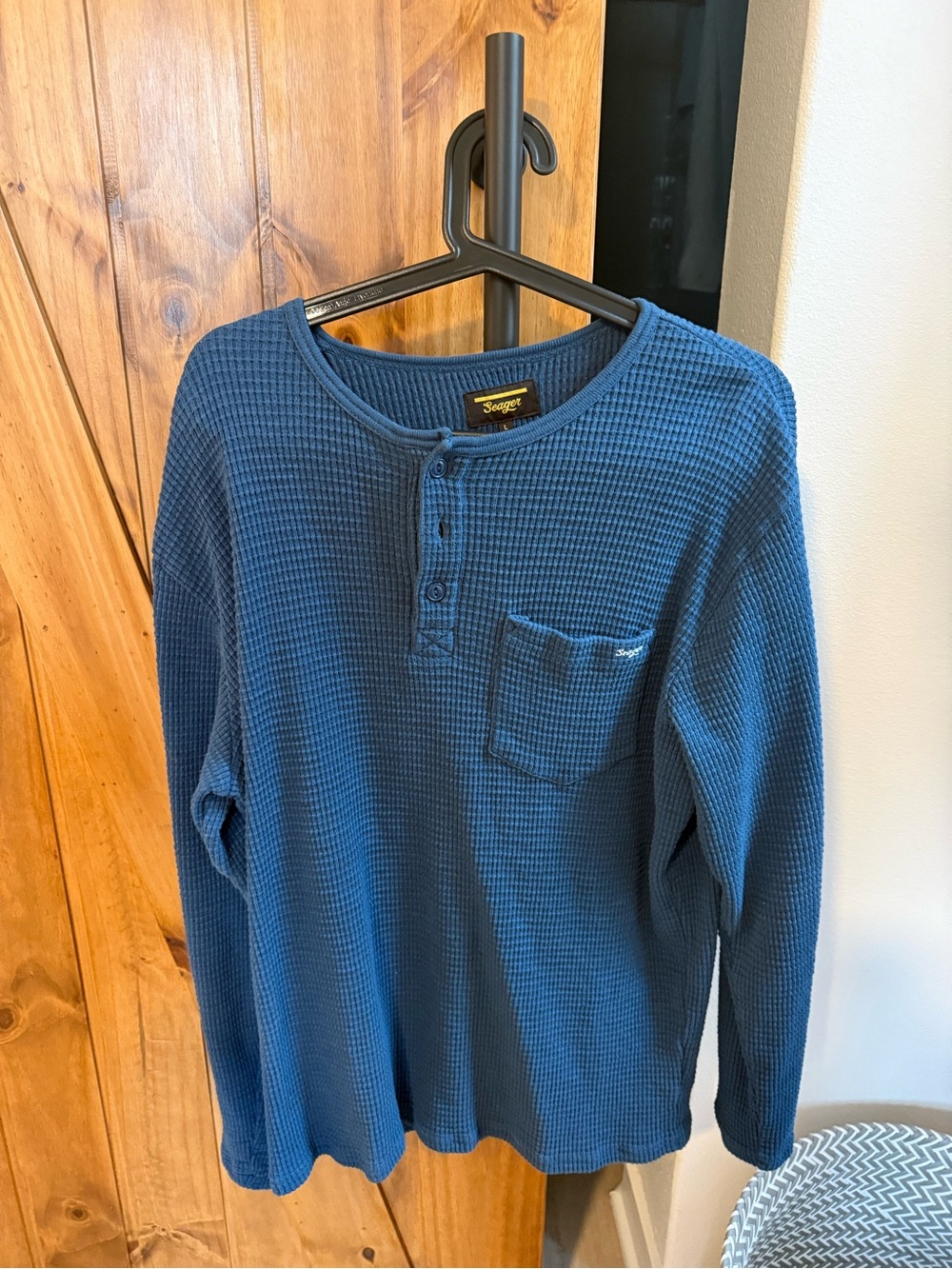 Seager Blue Waffle Henley Long Sleeve Shirt Large